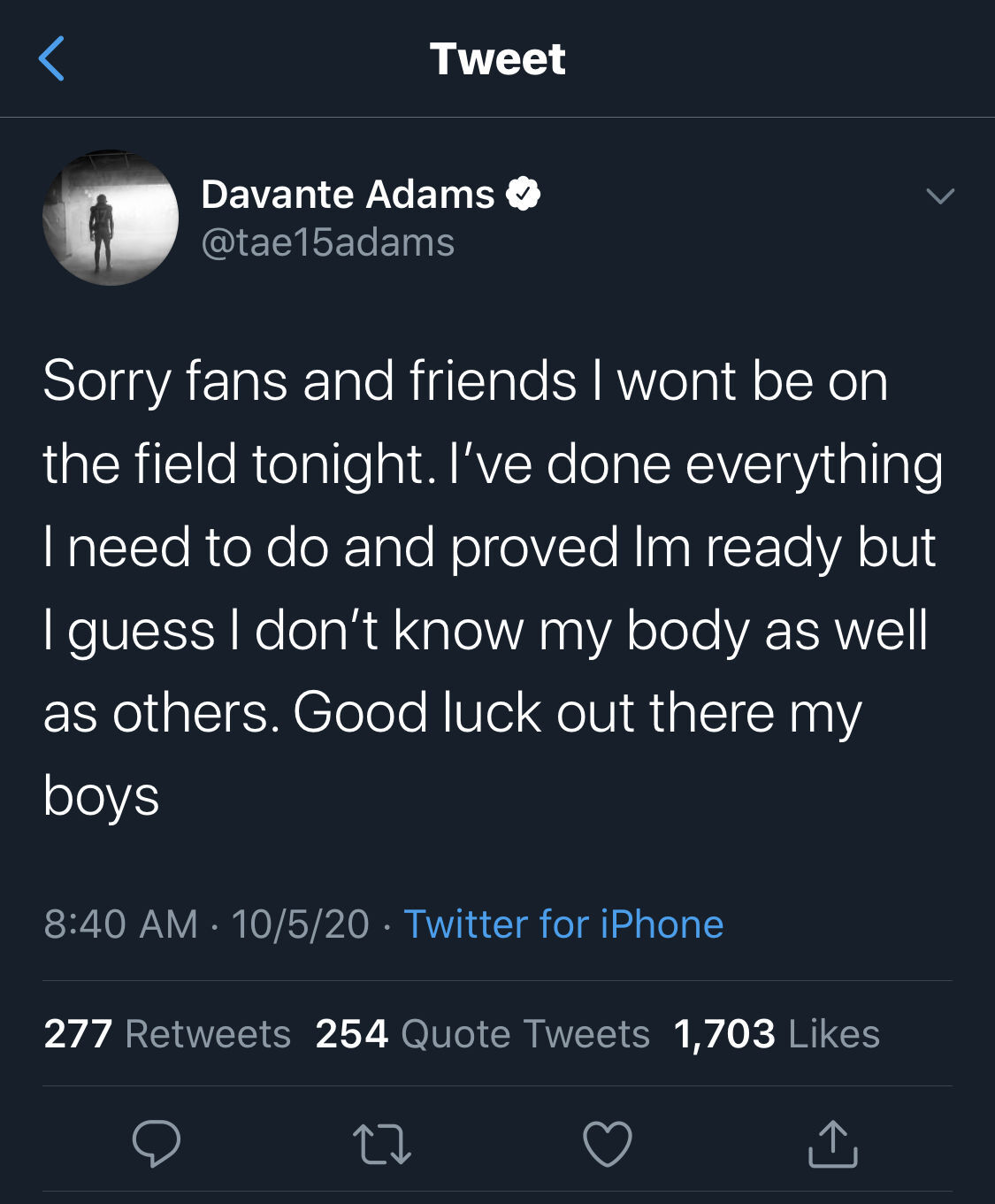 Davante Adams tweet not playing against Falcons